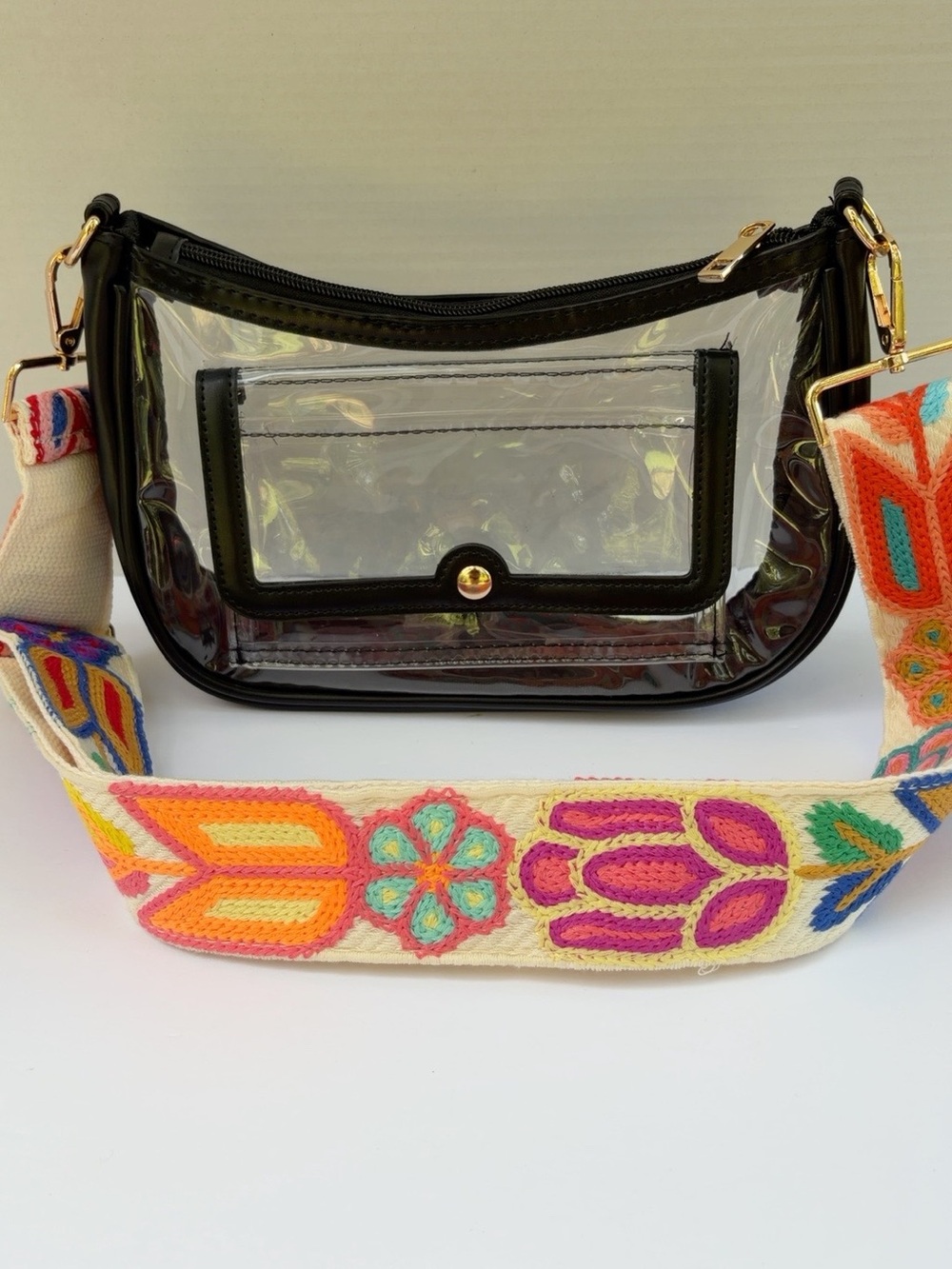 Clear Stadium Crossbody Bag Black Trim Multicolor Embroidered Strap